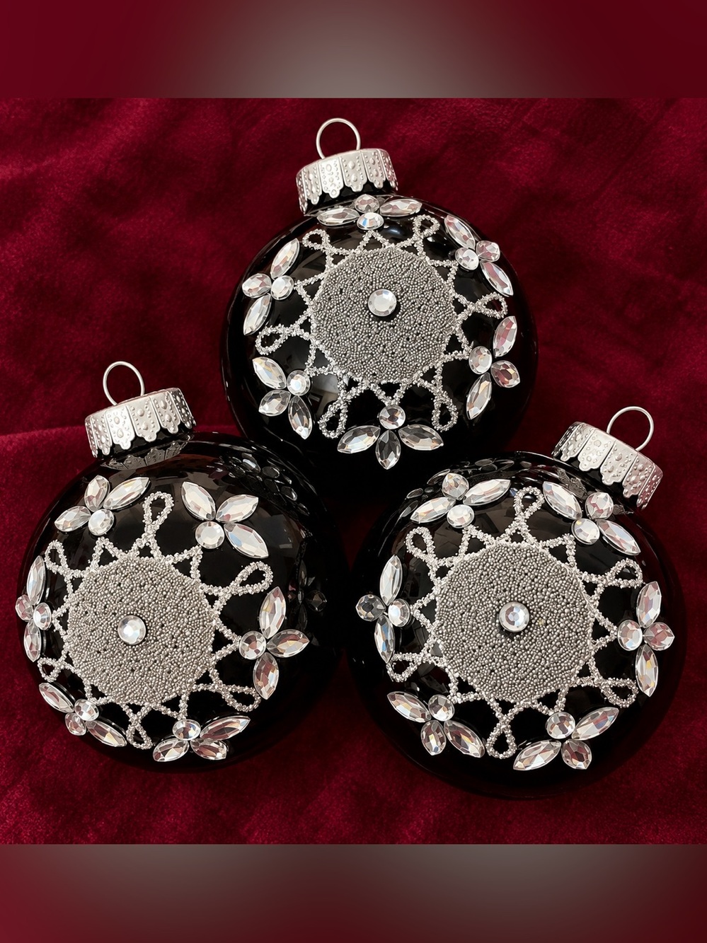Black & Silver Jeweled Christmas Ornaments Set of 3 Rhinestone Glam Decor (77)